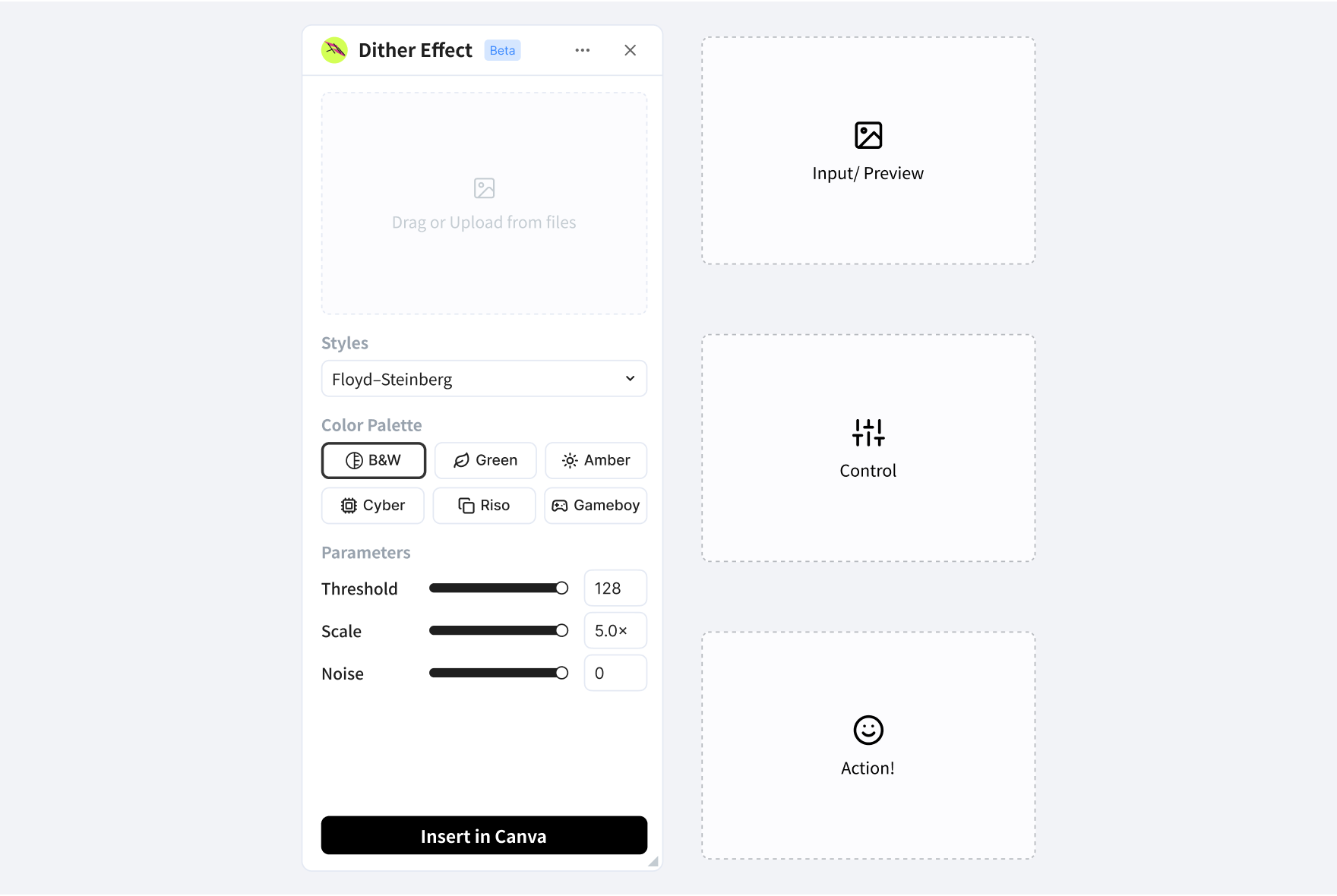 Dither Effect plug-in panel beside its three base fields: Input / Preview, Control, and Action