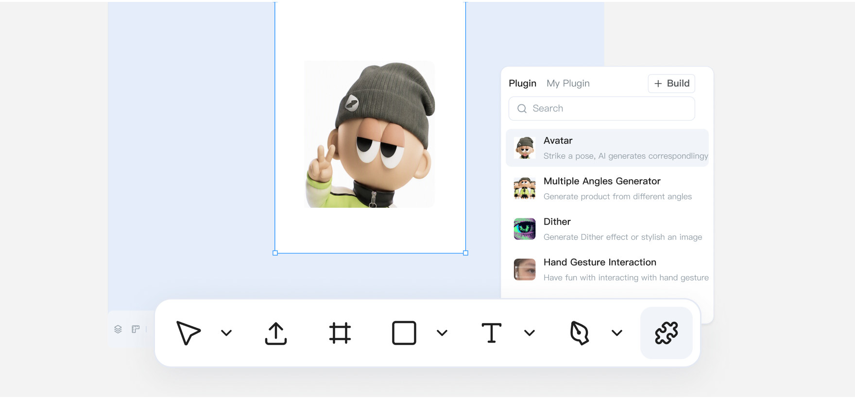 D.design canvas with the plug-in panel open: Avatar, Multiple Angles Generator, Dither and Hand Gesture Interaction, above the canvas toolbar