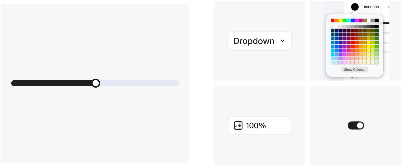 The chosen components: slider, dropdown, colour picker, number input and toggle