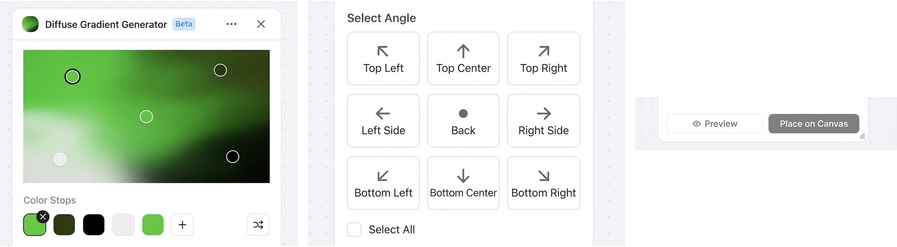 Three generated panels: a diffuse gradient generator with colour stops, an angle picker, and preview / place on canvas buttons